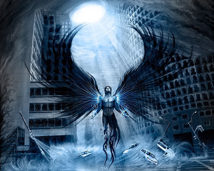 male angel digital wallpaper, doomsday, guy, sky, wings, futuristic