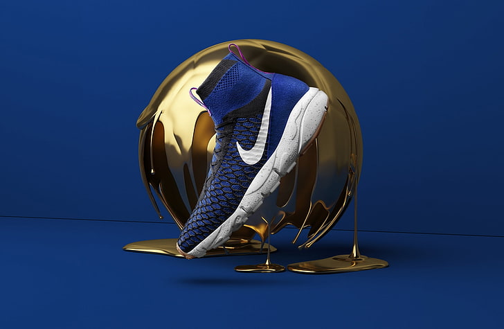 Cool Nike Shoes, Golden Ball, Blue Background, Sports, Football, HD wallpaper