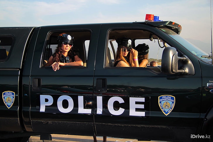 black police car, women, model, sunglasses, vehicle, real people