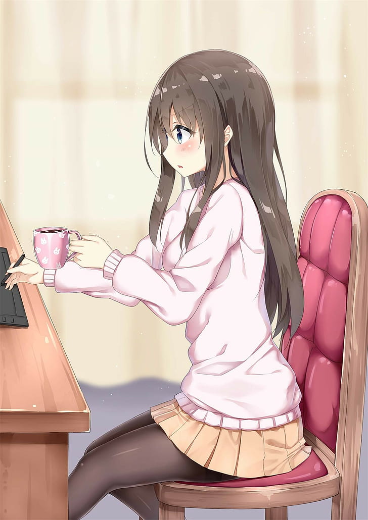 Hd Wallpaper Anime Anime Girls Skirt Stockings Sweater Long Hair Brunette Wallpaper Flare