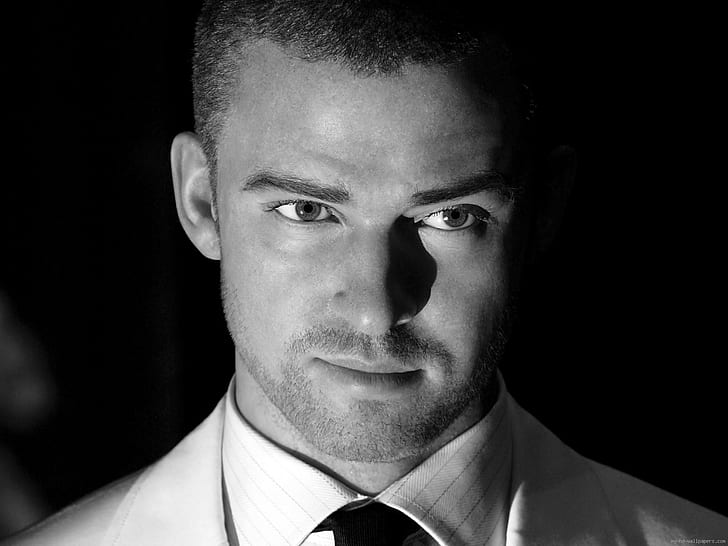 Justin Timberlake in black and white, men's formal coat, celebrity, HD wallpaper