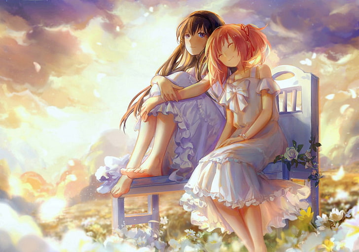 two women anime characters sitting on bench poster, Mahou Shoujo Madoka Magica
