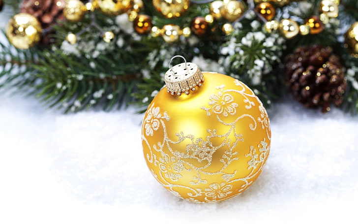 gold-colored and white floral bauble, New Year, snow, Christmas ornaments
