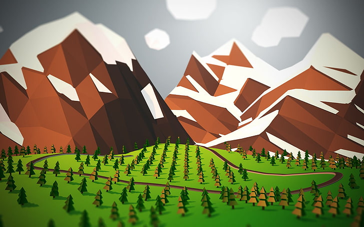 brown snow capped mountains and green field landscape illustration