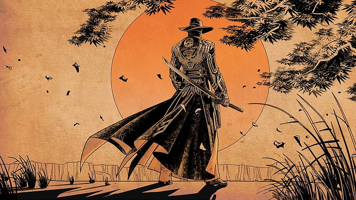 man holding sword wallpaper, sunset, samurai, anime, art and craft, HD wallpaper