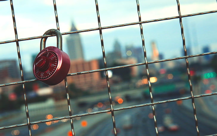 red padlock, fence, lattice, focus on foreground, safety, metal
