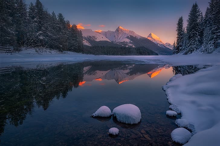 winter, forest, snow, mountains, lake, reflection, Canada, Albert