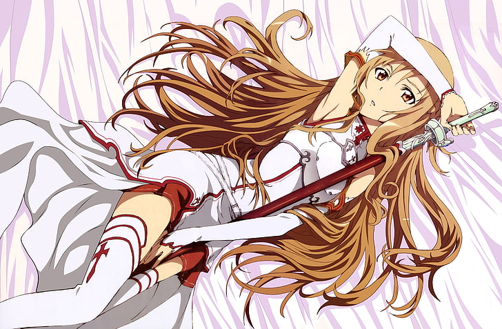 brunettes long hair brown weapons lying down anime anime girls sword art online yuuki asuna People Long hair HD Art, HD wallpaper