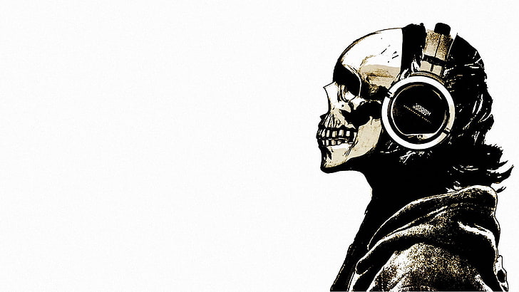 skull wearing headphones artwork, music, skeleton, copy space