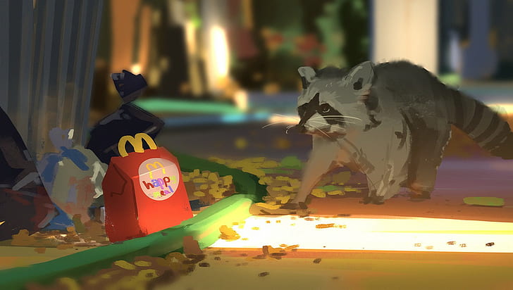 raccoons, McDonald's, artwork, painting