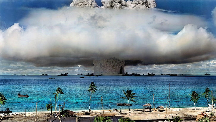 white clouds and palm tree illustration, bombs, nuclear, nature, HD wallpaper