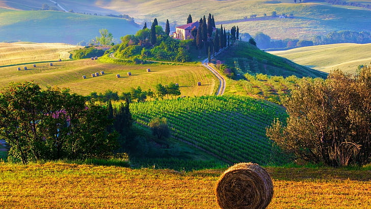 landscape, farm, Italy, haystacks, Tuscany, cottage, terraced field, HD wallpaper
