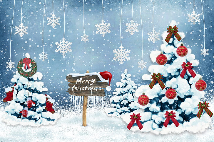 new year, christmas, card, christmas trees, snowflakes, ornaments, HD wallpaper