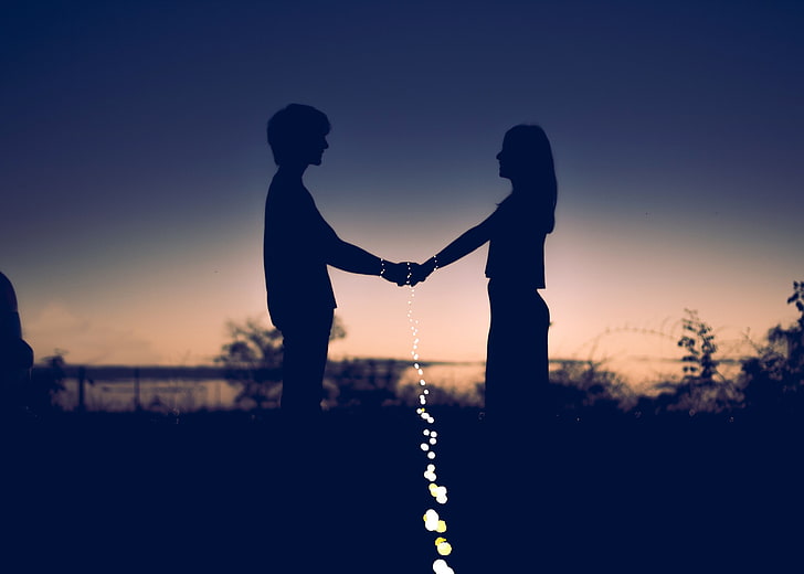 couple holding hands photo, love, silhouettes, happiness, people, HD wallpaper