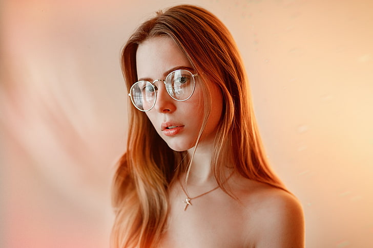 woman's face, women, blonde, simple background, women with glasses