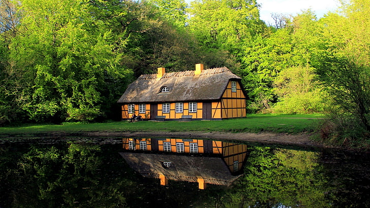 reflection, nature, waterway, tree, cottage, bank, house, plant