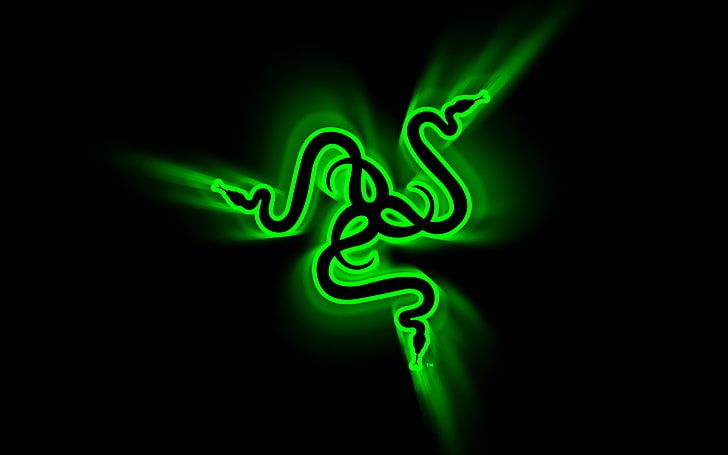 Razer logo, green, black, backgrounds, glowing, illustration, HD wallpaper