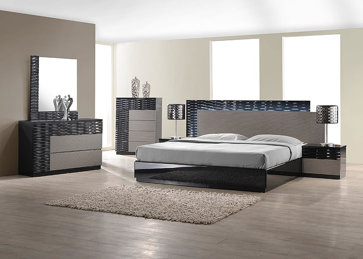 black and gray 5-piece bedroom furniture set, design, style, Villa, HD wallpaper