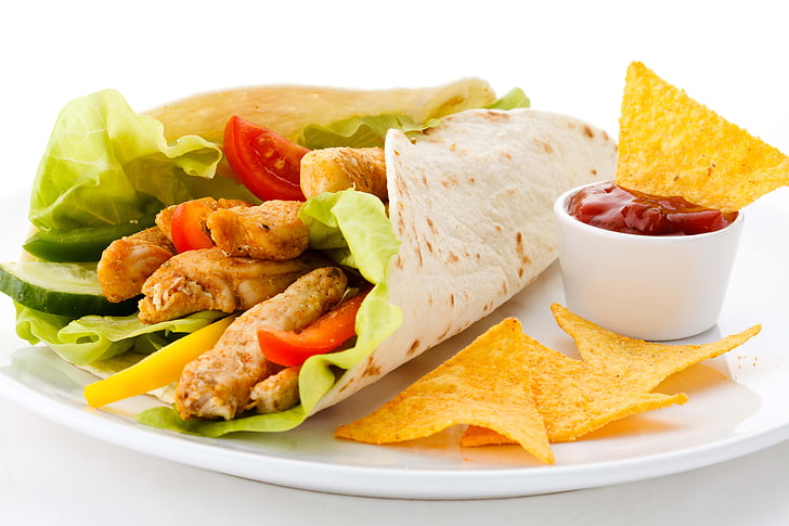 taco with lettuce and meat, greens, potato, chips, plate, ketchup, HD wallpaper