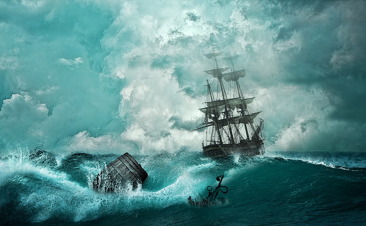 Sailing Ship Storm, galleon ship illustration, Aero, Creative, HD wallpaper