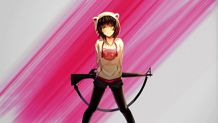 female anime character wallpaper, anime girls, hoods, weapon, HD wallpaper