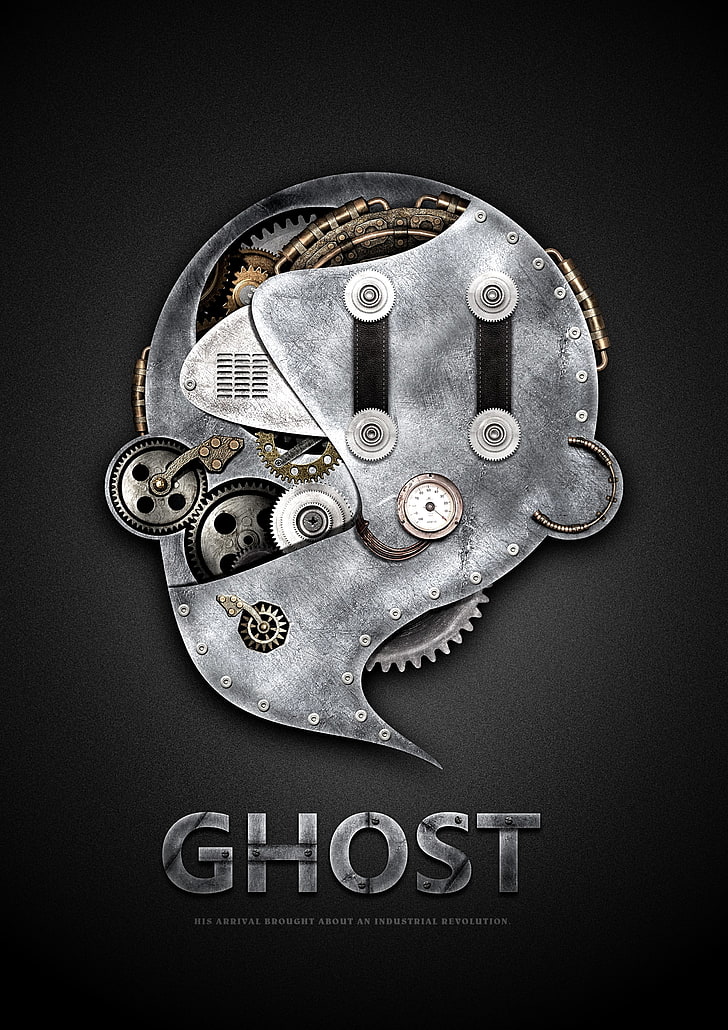 Ghost logo, mechanics, ghosts, gears, metal, black background, HD wallpaper