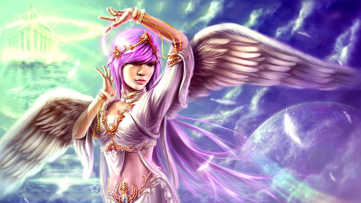 Purple hair fantasy angel girl, wings feather, HD wallpaper