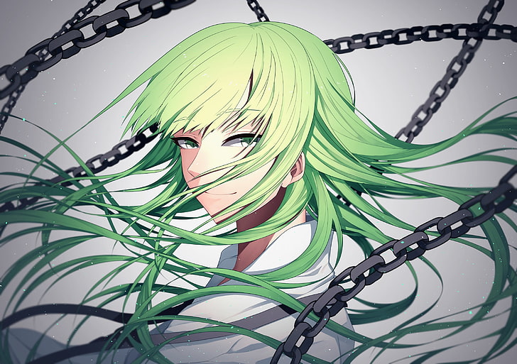 fate strange fake, enkidu, green hair, chains, smiling, green eyes