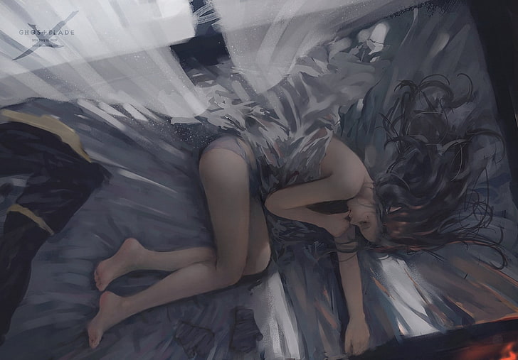 woman sleeping digital illustration, artwork, women, WLOP, Ghost Blade