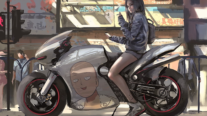 woman riding on sports bike artwork, motorcycle, black hair, Saitama, HD wallpaper