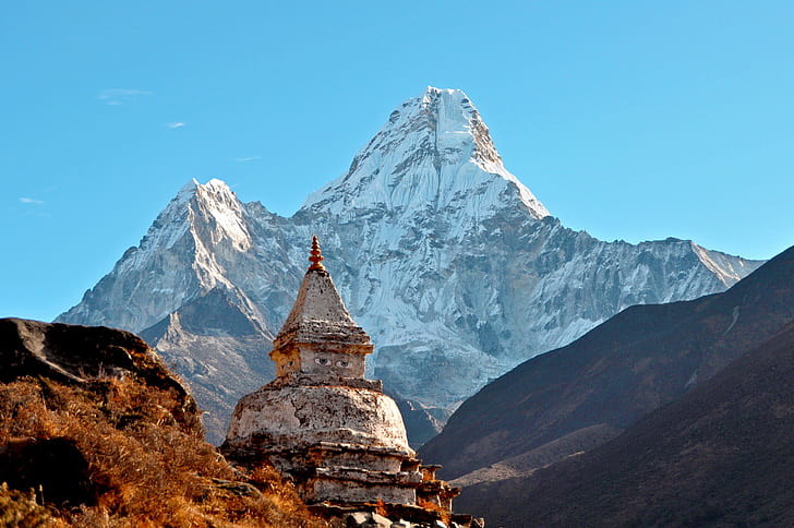 Himalayas, Ama dablam, Temple, Mountain, religion, sky, belief, HD wallpaper