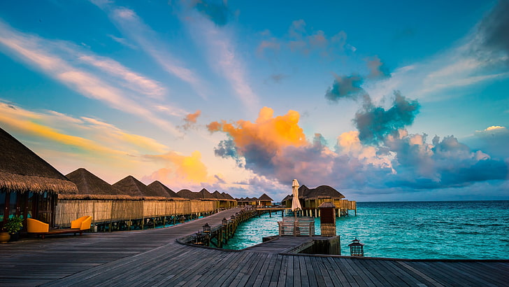 gray wooden sea dock, resort, sunset, sky, architecture, cloud - sky