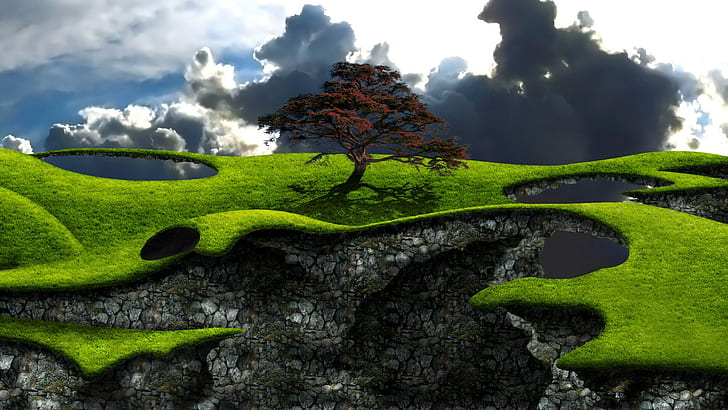 digital art, landscape, nature, clouds, trees, field, grass, HD wallpaper