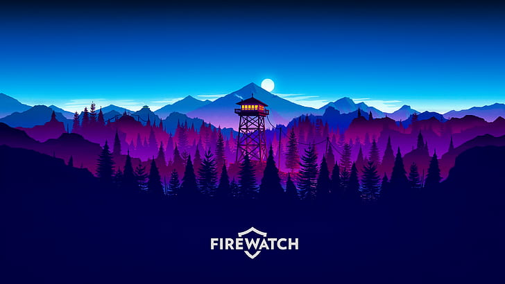 forest, sunset, Firewatch, Olly Moss, pine trees, Gamer, illustration
