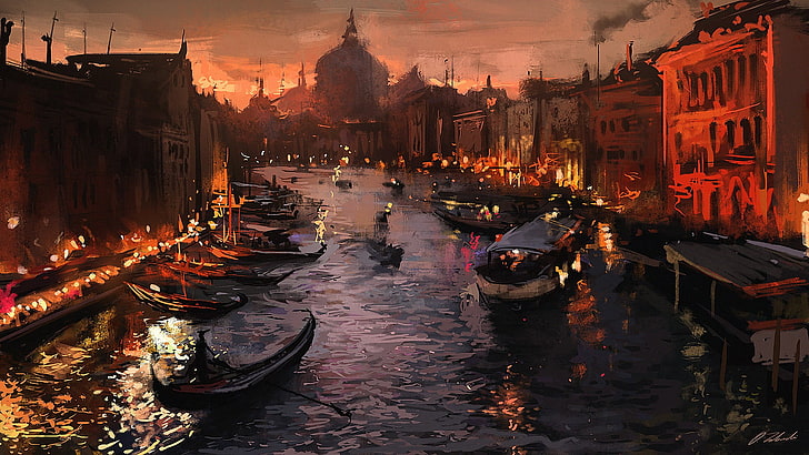 boats dock near building painting, river, Venice, gondolas, Italy