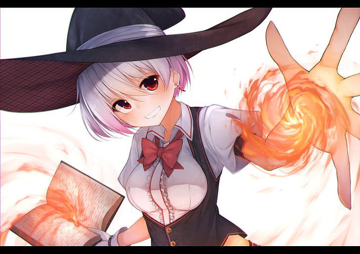 HD wallpaper: Anime, Original, Book, Fire, Girl, Hat, Magic, Purple Hair |  Wallpaper Flare
