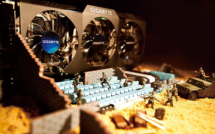 black GIGABYTE graphics card, army gear, motherboards, miniatures, HD wallpaper