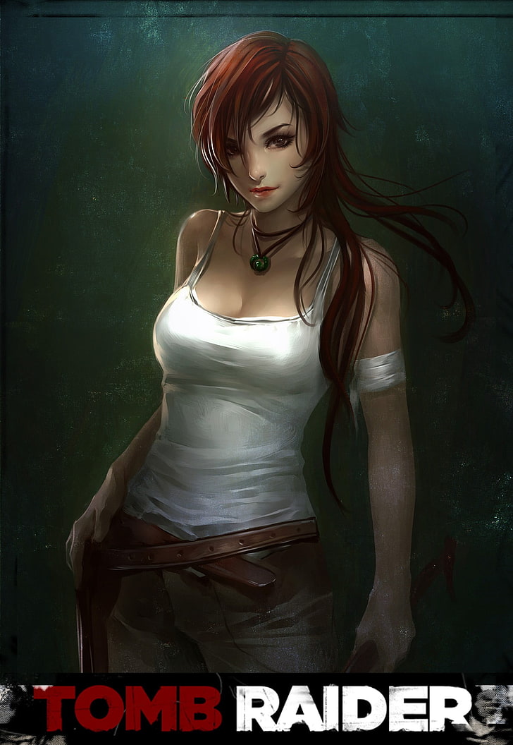 Tomb Raider game cover, long hair, Lara Croft, text, one person