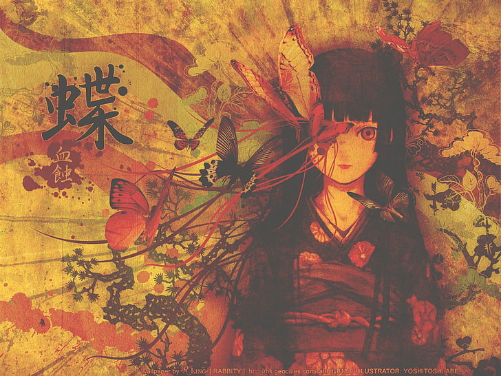 Enma Ai, anime girls, butterfly, Jigoku Shoujo, kimono, autumn, HD wallpaper