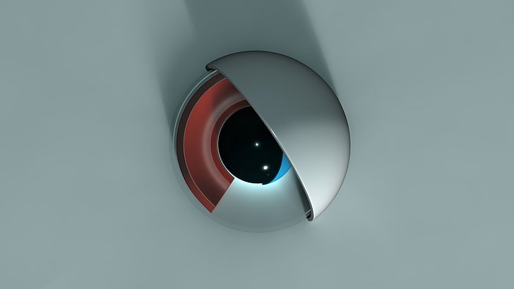 round gray and black dome camera, abstract, CG, 3D, render, red