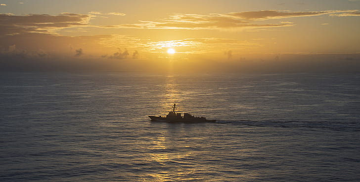 sunset, weapons, ship, PHILIPPINE SEA, USS Michael Murphy (DDG 112), HD wallpaper