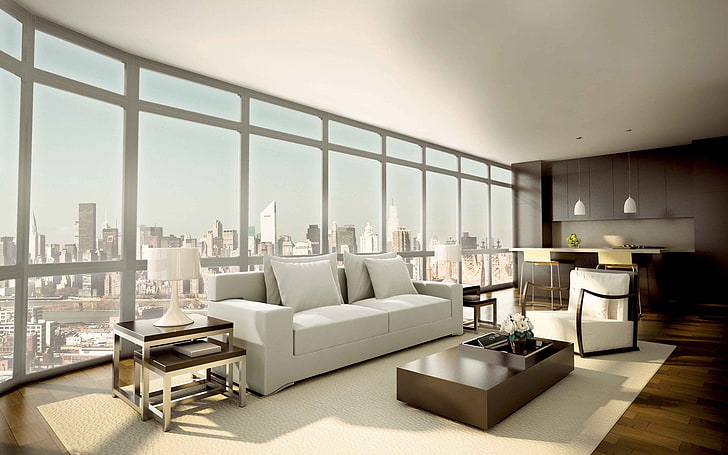 rectangular brown wooden coffee table, penthouse, sofa, window