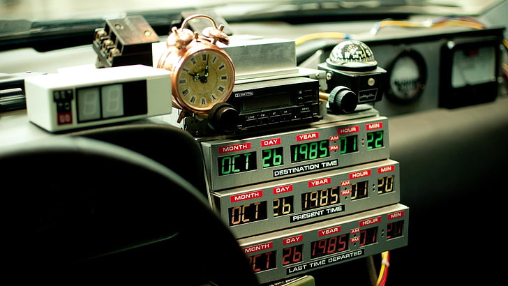 grey vehicle alarm clock, movies, Back to the Future, DeLorean, HD wallpaper