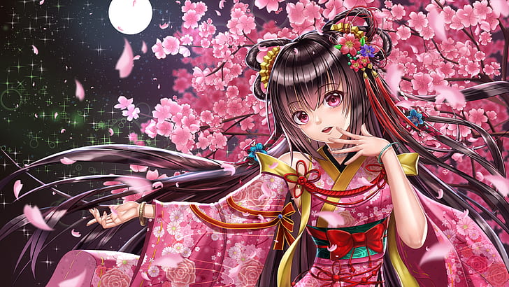 Hình nền  đêm Anime cô gái Mặt trăng Sự phân chia Ký tự gốc Cánh hoa  Không có áo ngực Quần áo Nhật Bản Kimono Ảnh chụp màn hình Hình nền