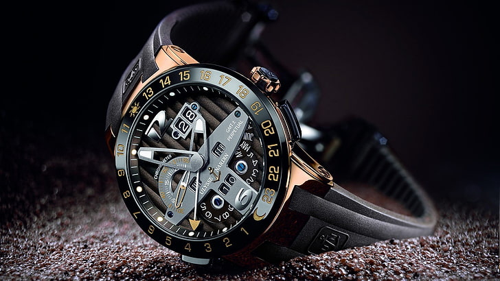 round gray chronograph watch with black bracelet, Ulysse Nardin, HD wallpaper