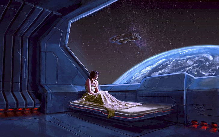 woman siting on bed looking at planet digital wallpaper, digital art