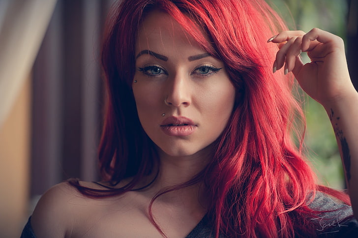 women's gray top, redhead, nose rings, piercing, tattoo, face, HD wallpaper
