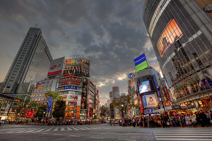 japan landmark, Shibuya, Sunset, night, urban Scene, people, street, HD wallpaper