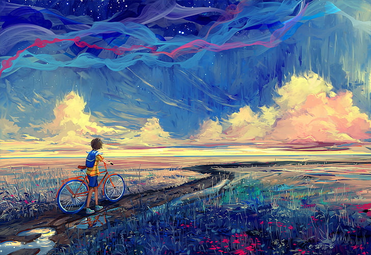 anime scene wallpaper, bicycle, artwork, fantasy art, painting, HD wallpaper