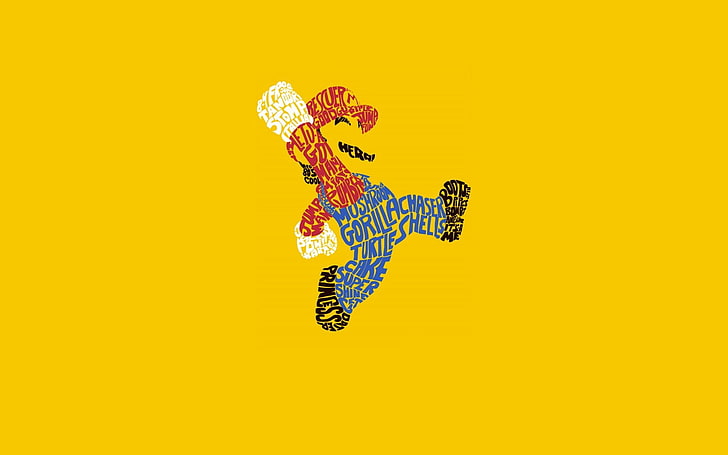 Super Mario wallpaper, minimalism, text, yellow background, colored background, HD wallpaper